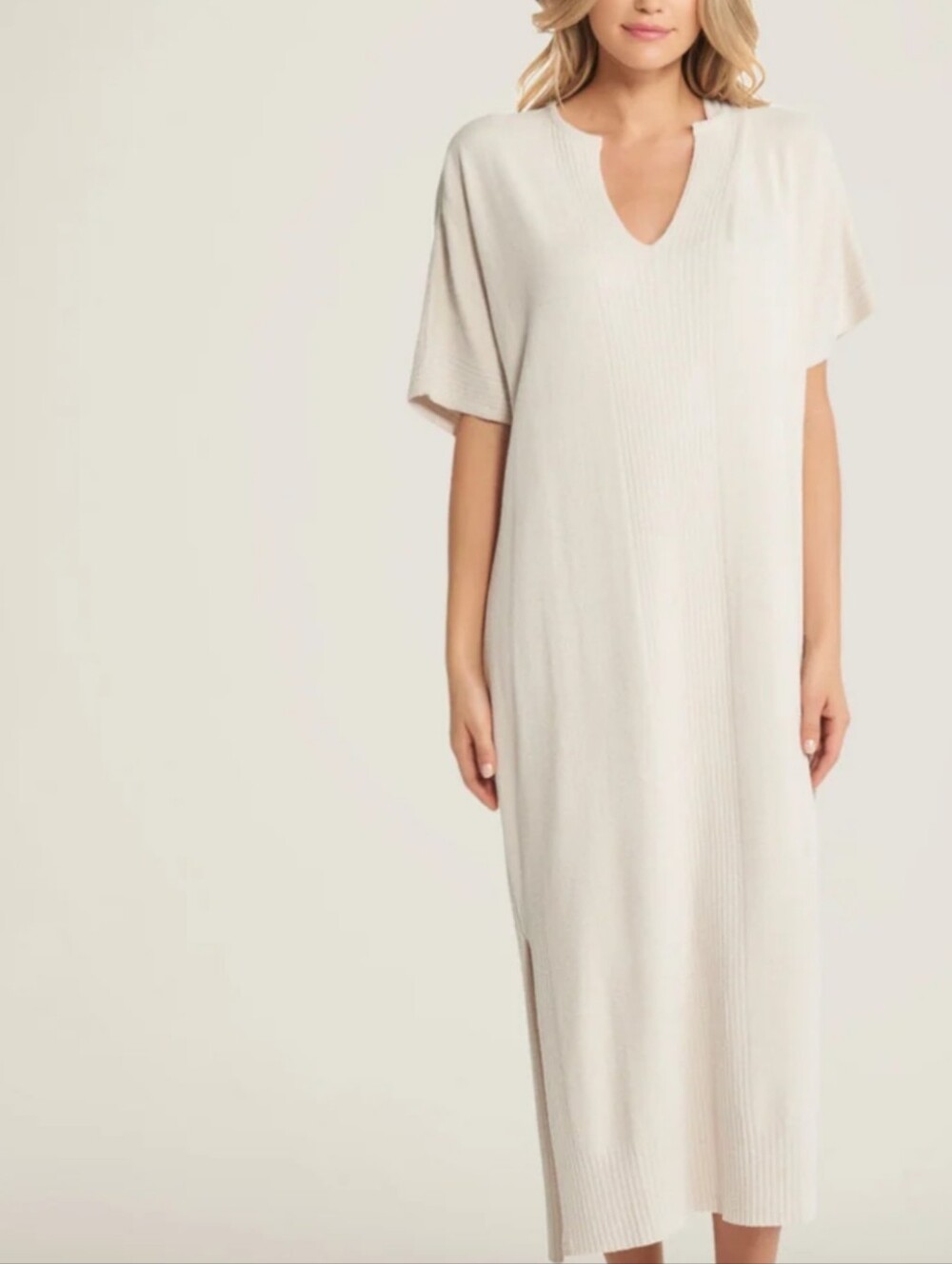 Barefoot Dreams CozyChic Ultra Lite Caftan Sand Dune Knit Midi Dress Cozy Comfy